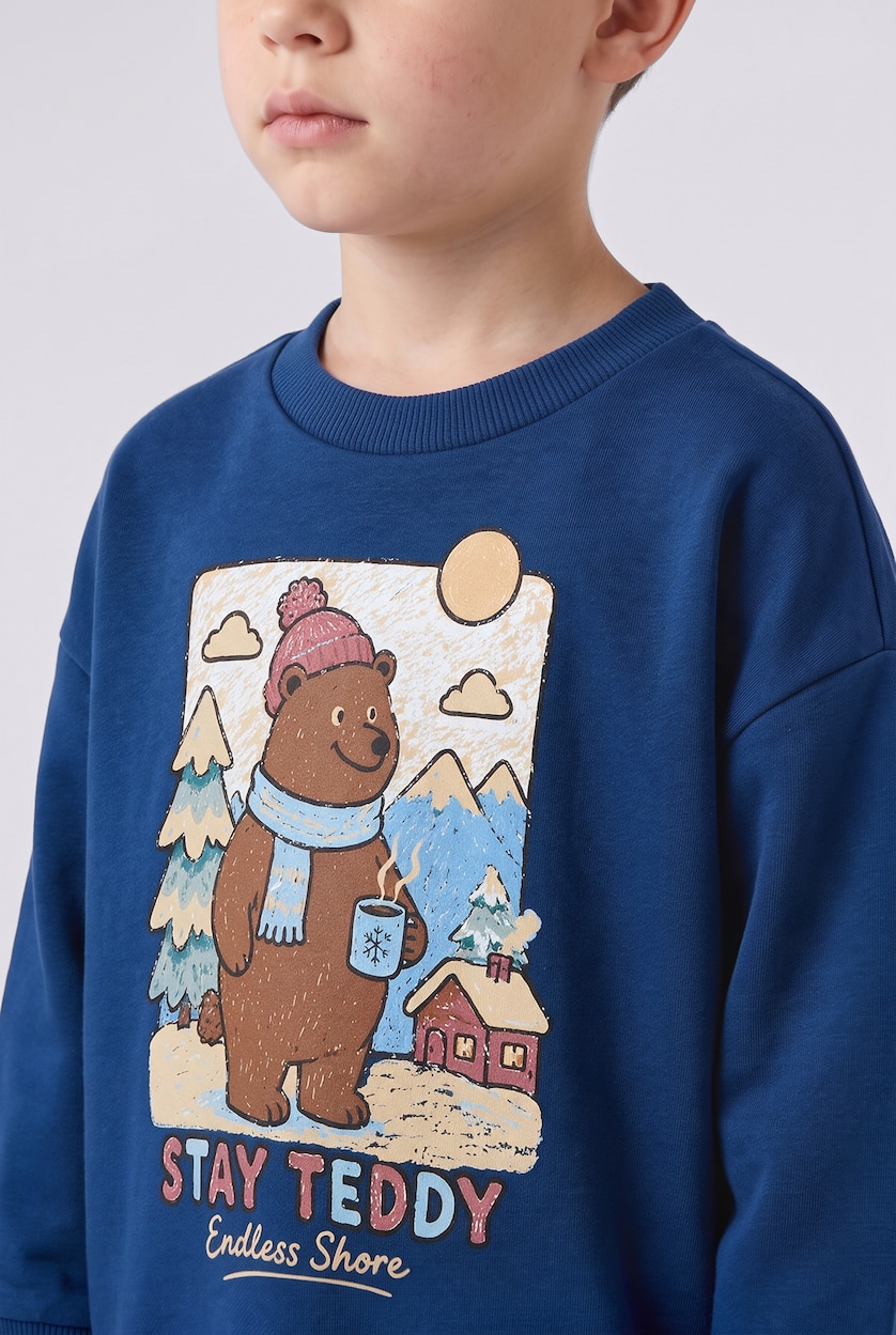 Erkek Bebek İndigo %100 Pamuk Ayıcıklı Baskılı Oversize Sweatshirt Erkek Bebek
