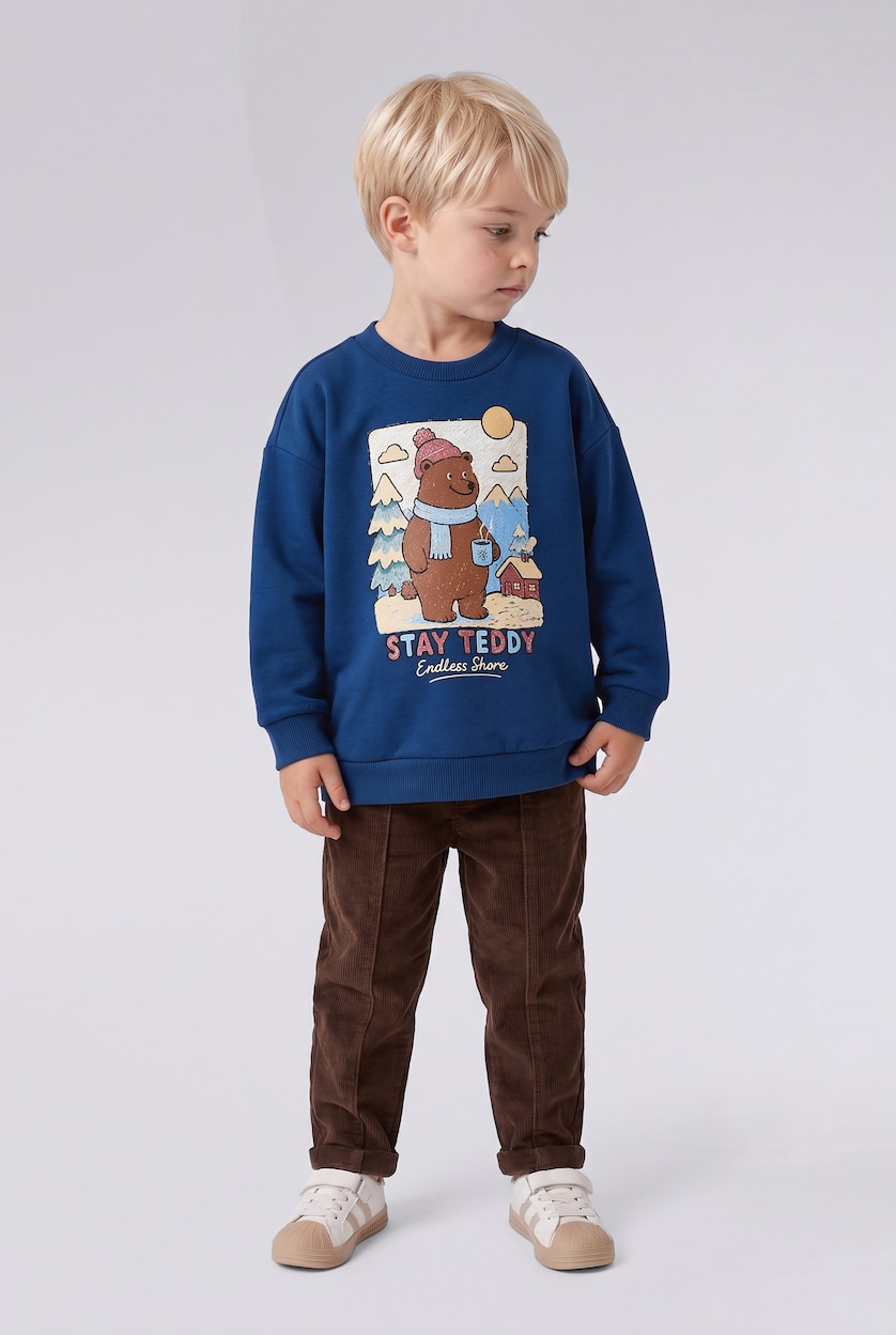 Erkek Bebek İndigo %100 Pamuk Ayıcıklı Baskılı Oversize Sweatshirt Erkek Bebek