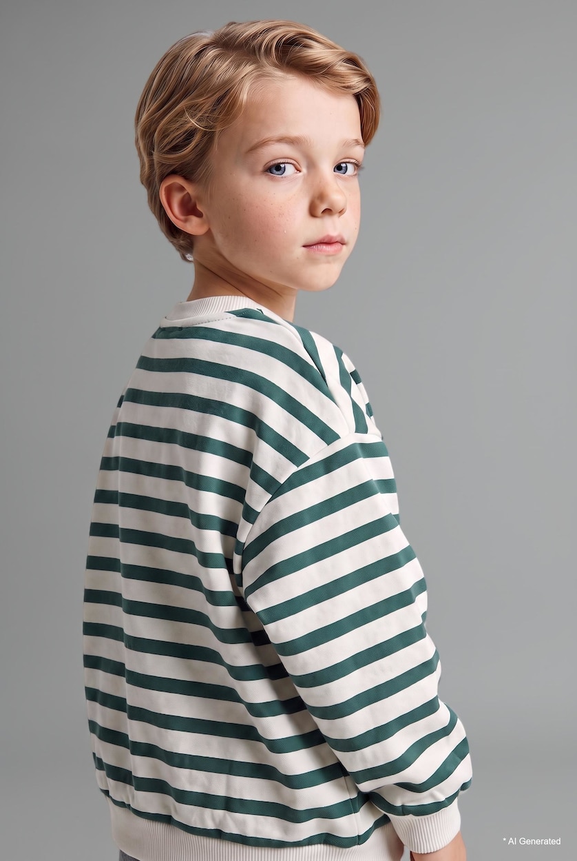 Erkek Bebek Koyu Yeşil Oversize Çizgili Sweatshirt Erkek Bebek