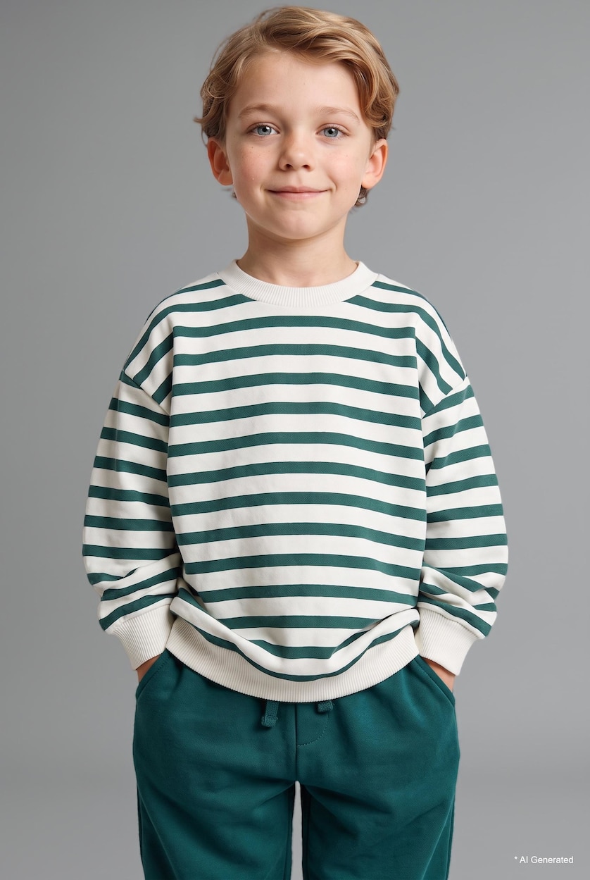 Erkek Bebek Koyu Yeşil Oversize Çizgili Sweatshirt Erkek Bebek