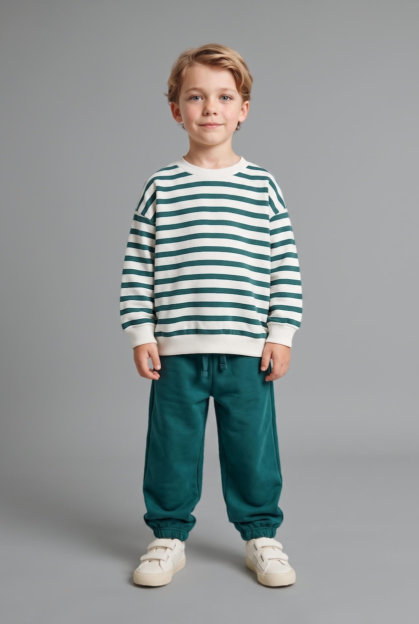 طفل صغير أخضر غامق سويت شيرت مخطط ولادي اوفر سايز ببطانة ناعمة
