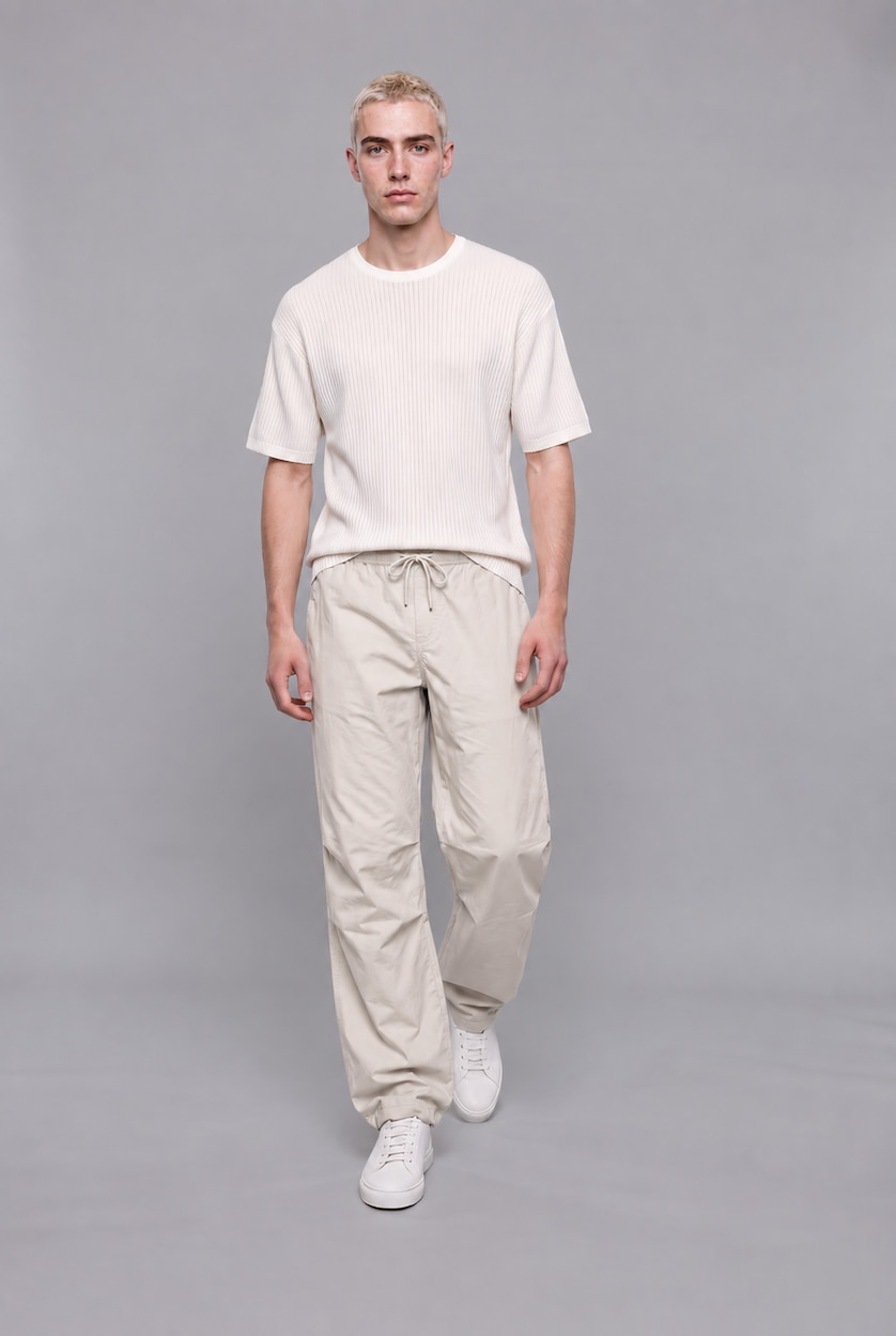 Man White 100% Cotton Baggy Fit Elastic Tie Waist White Trousers