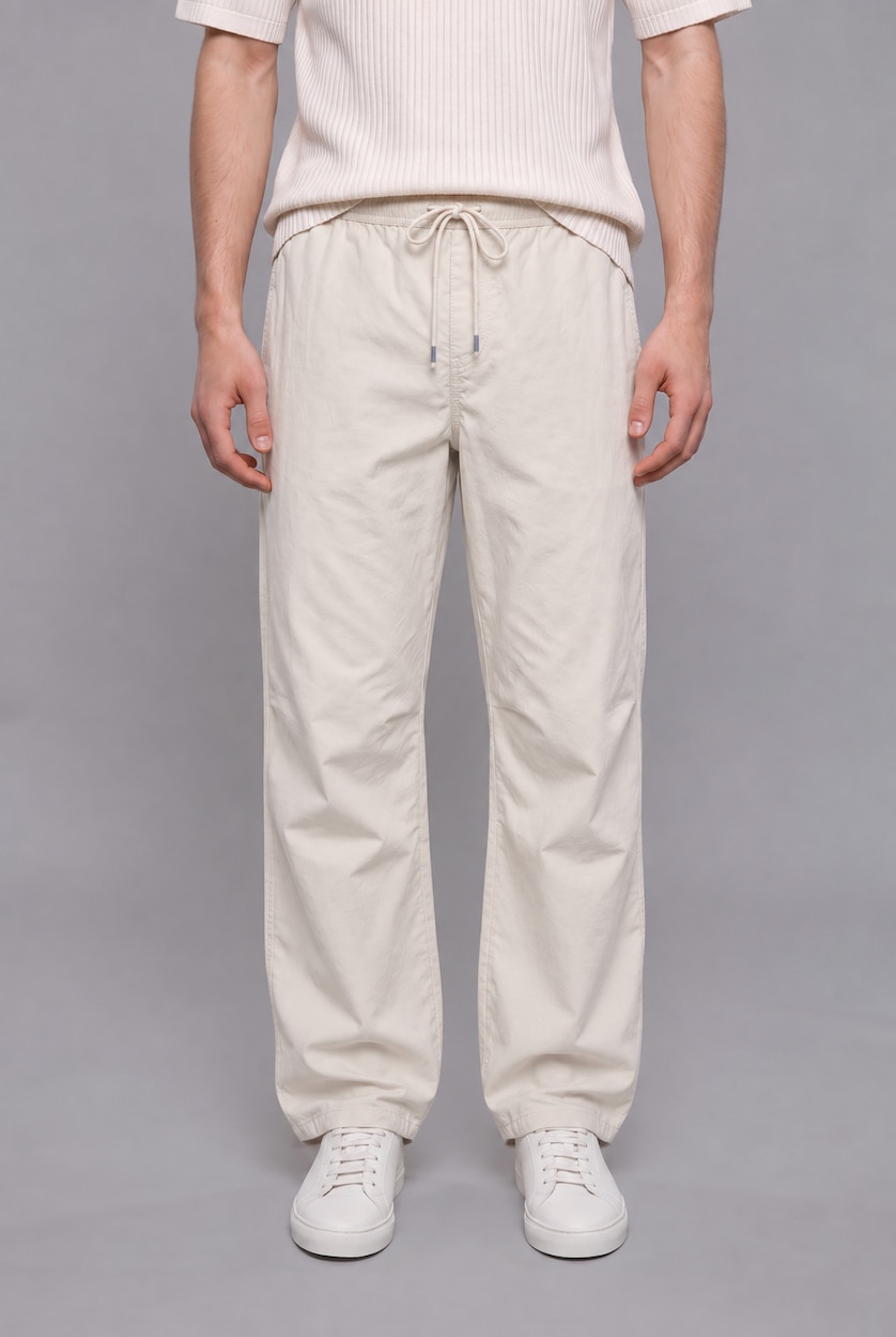 Man White 100% Cotton Baggy Fit Elastic Tie Waist White Trousers