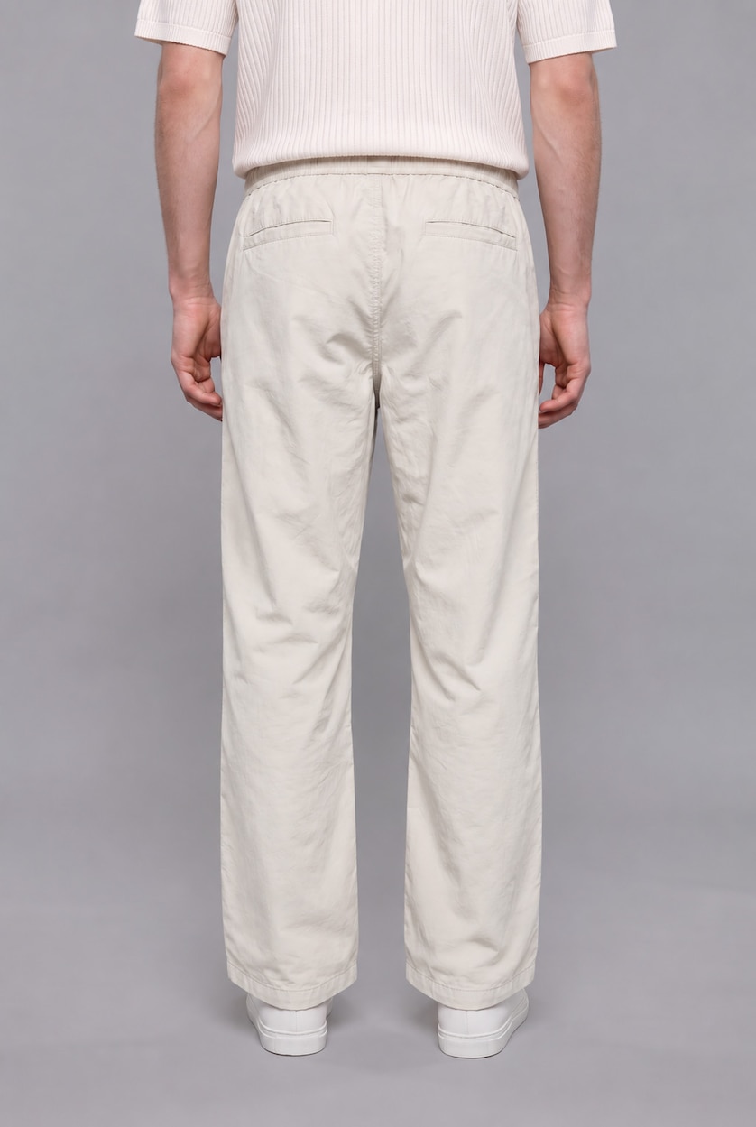 Man White 100% Cotton Baggy Fit Elastic Tie Waist White Trousers