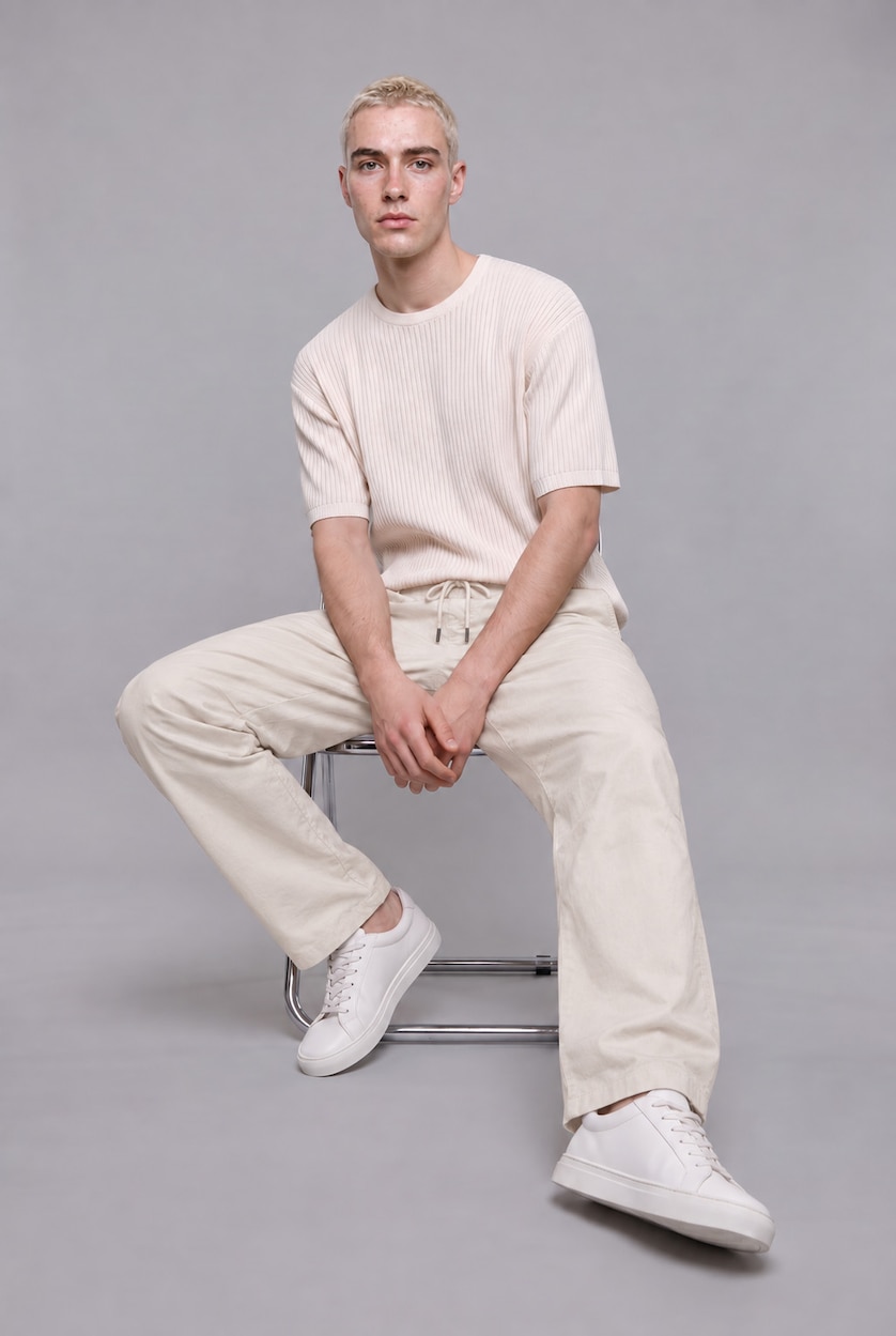 Man White 100% Cotton Baggy Fit Elastic Tie Waist White Trousers