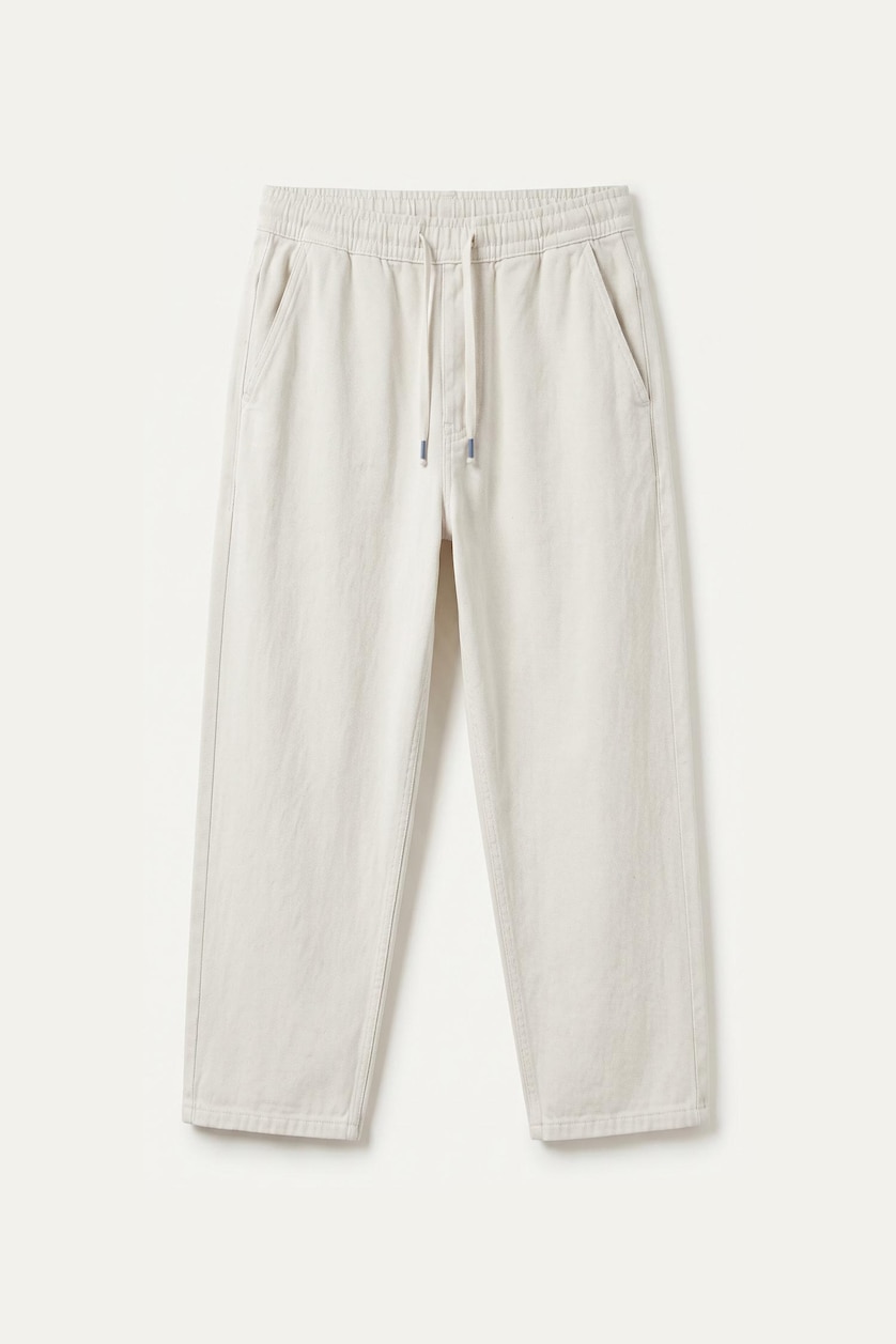 Man White 100% Cotton Baggy Fit Elastic Tie Waist White Trousers