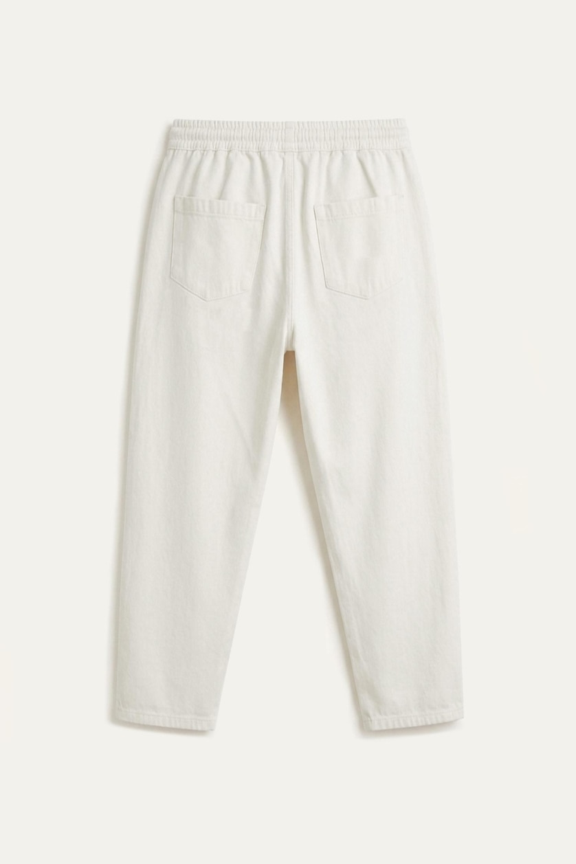 Man White 100% Cotton Baggy Fit Elastic Tie Waist White Trousers