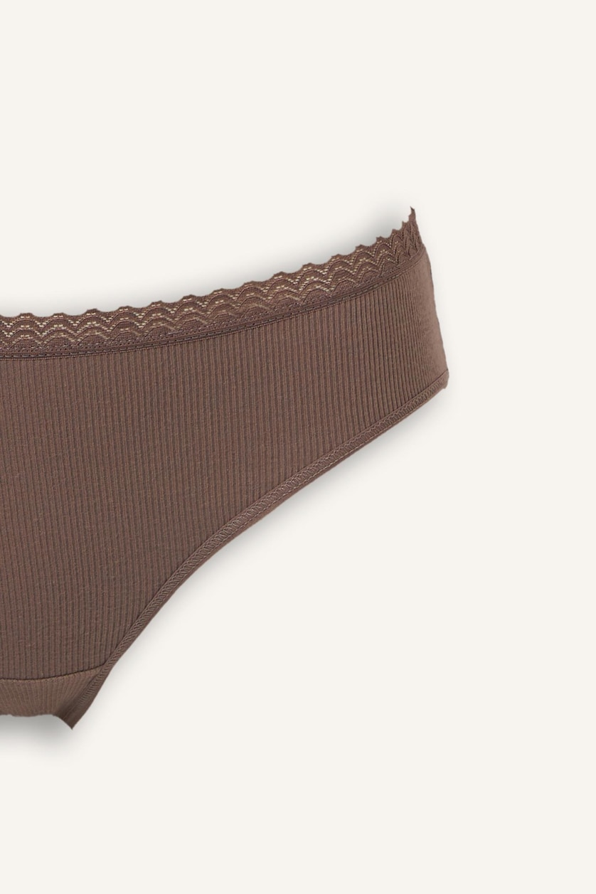 Kadın Ekru Dantel Detaylı Ribana 2'li Slip Külot