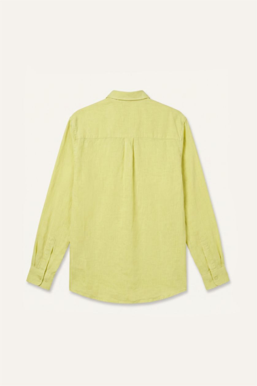 Erkek Açık Yeşil Relaxed Fit Uzun Kollu Keten Karışımlı Gömlek