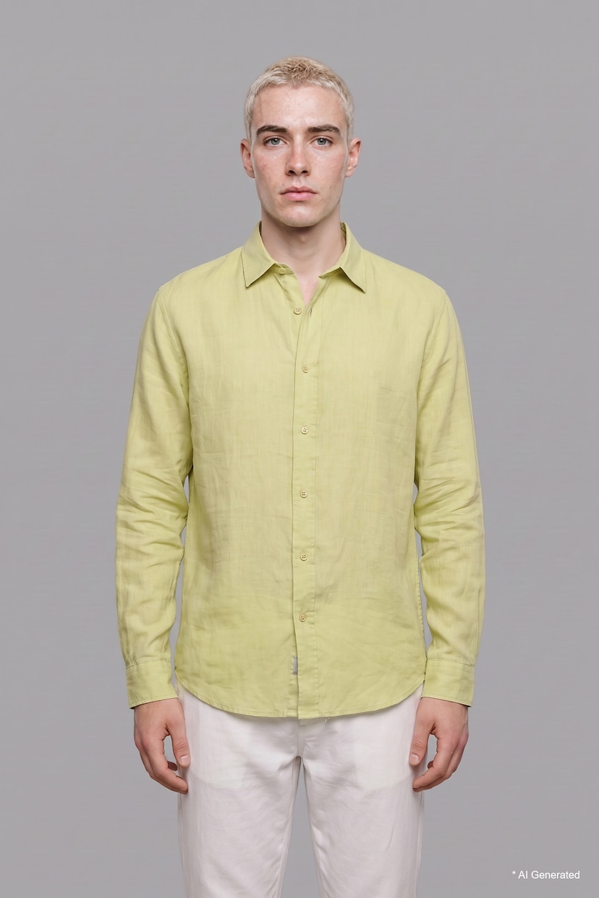 MAN Light Green Linen Blended Long Sleeve Shirt
