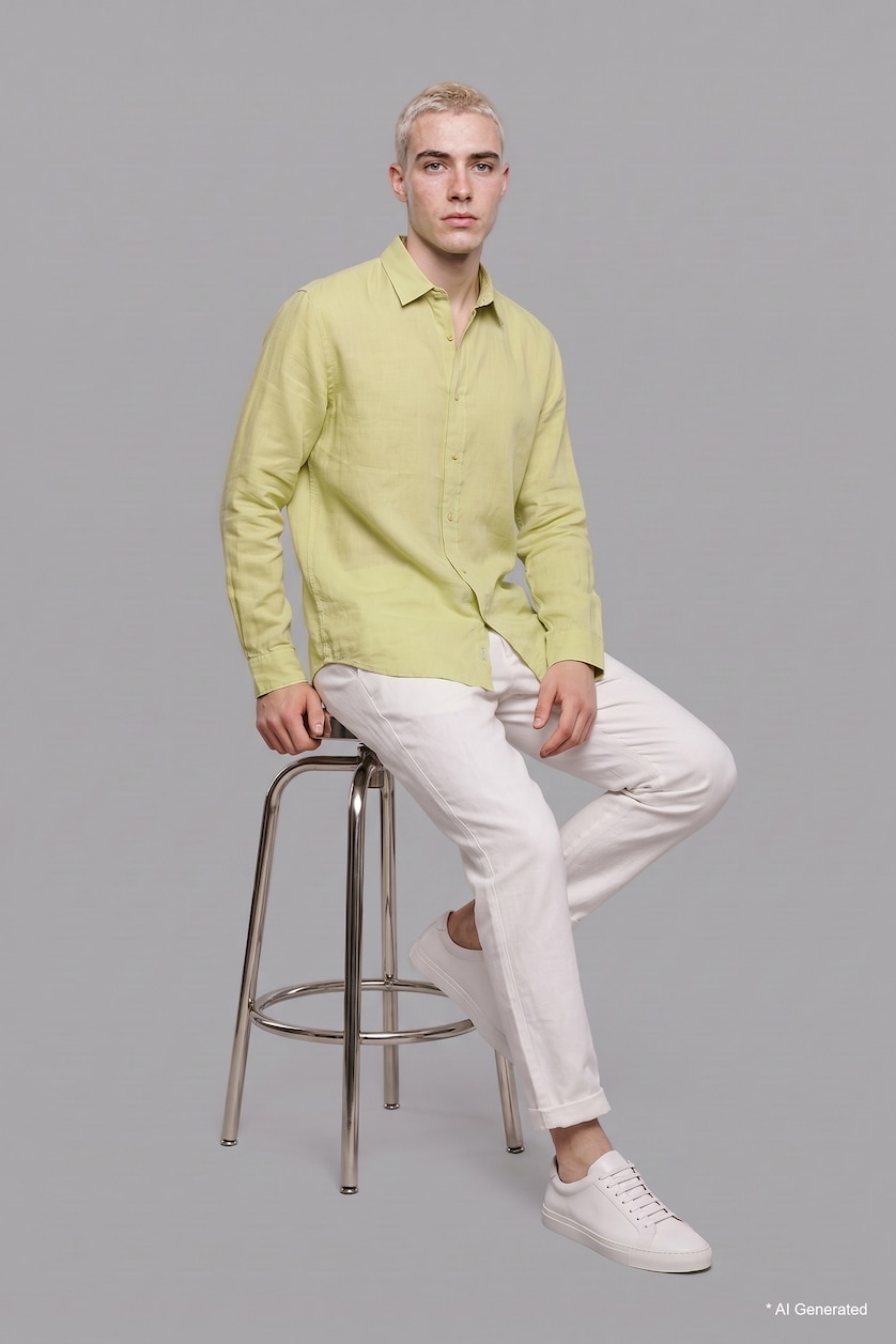 MAN Light Green Linen Blended Long Sleeve Shirt