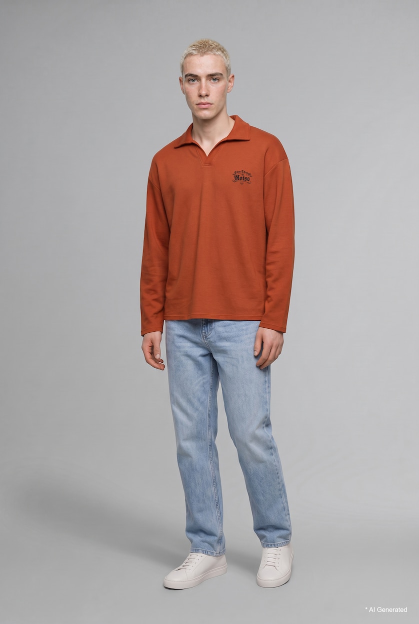Erkek Koyu Turuncu Boxy Fit Polo Yaka Baskılı Sweatshirt