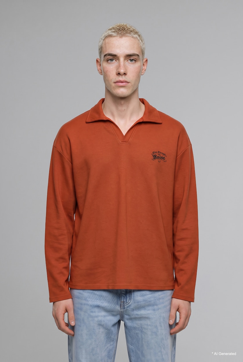 Erkek Koyu Turuncu Boxy Fit Polo Yaka Baskılı Sweatshirt