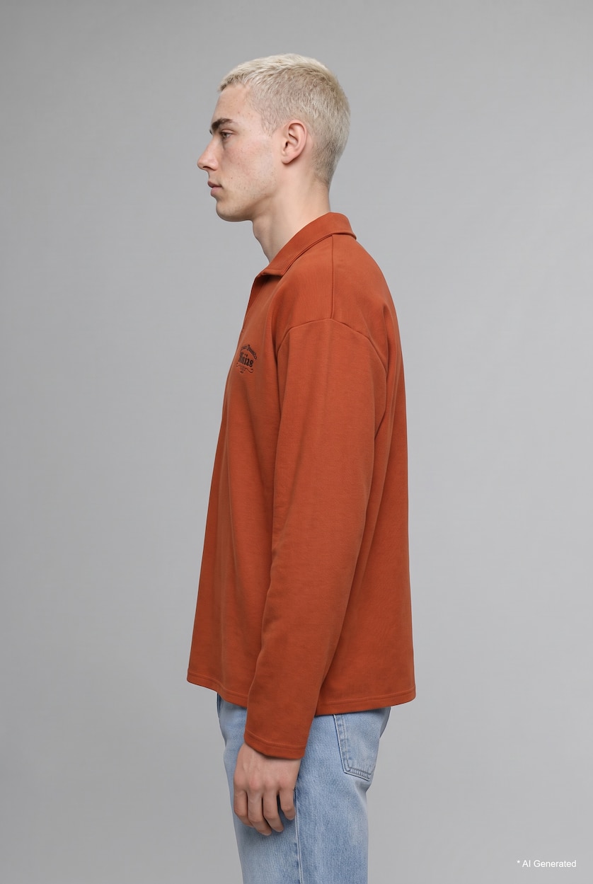 Erkek Koyu Turuncu Boxy Fit Polo Yaka Baskılı Sweatshirt