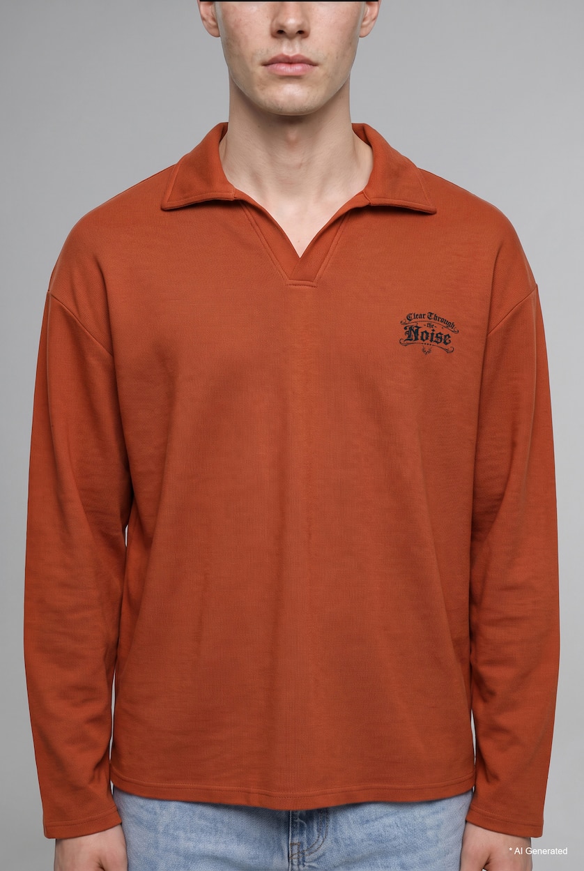 Erkek Koyu Turuncu Boxy Fit Polo Yaka Baskılı Sweatshirt