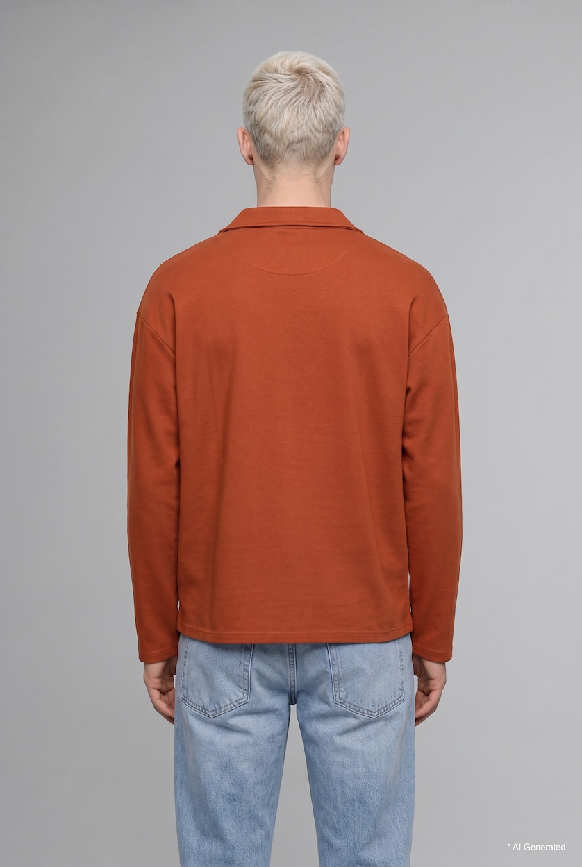 Erkek Koyu Turuncu Boxy Fit Polo Yaka Baskılı Sweatshirt