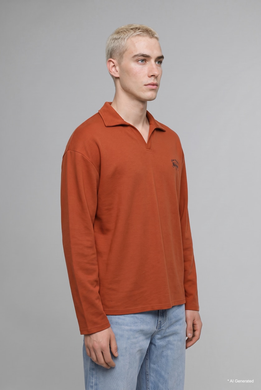 Erkek Koyu Turuncu Boxy Fit Polo Yaka Baskılı Sweatshirt