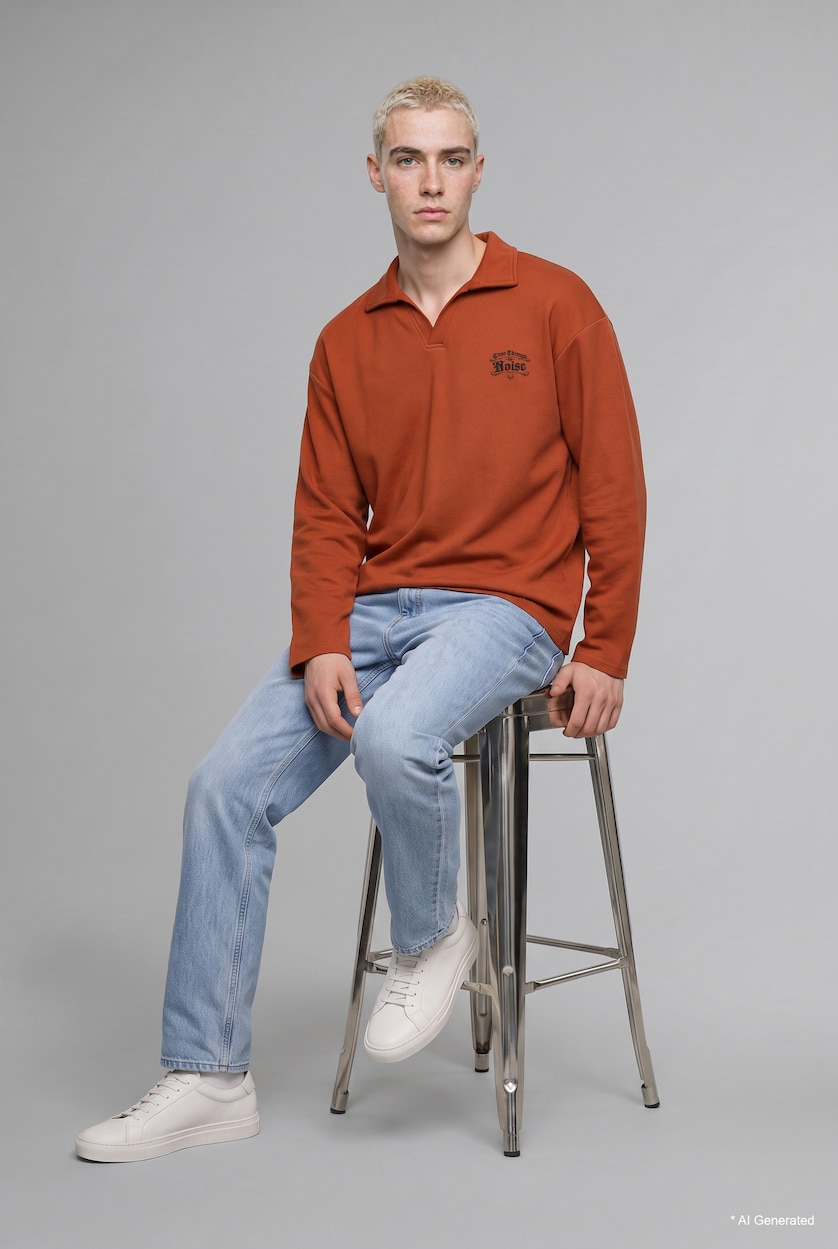 Erkek Koyu Turuncu Boxy Fit Polo Yaka Baskılı Sweatshirt