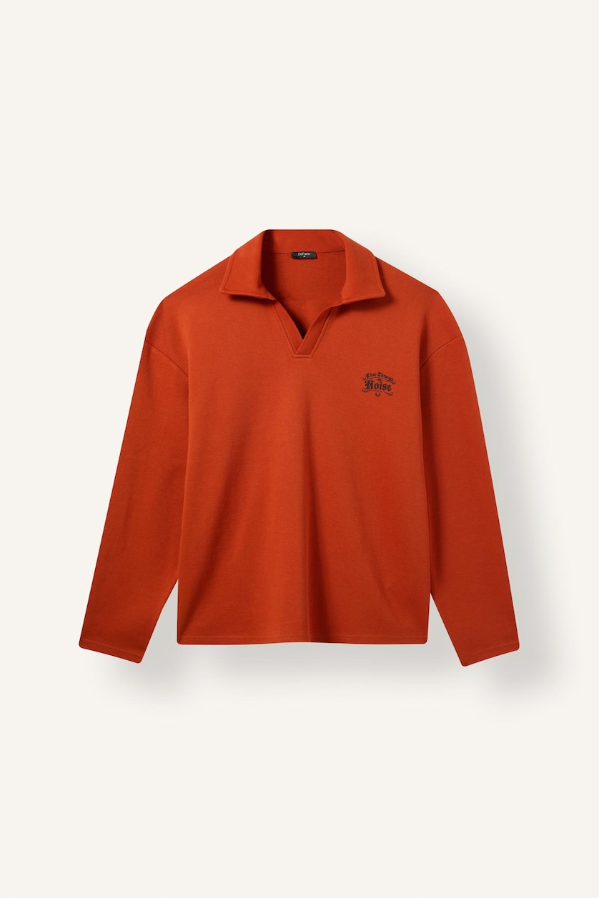 Erkek Koyu Turuncu Boxy Fit Polo Yaka Baskılı Sweatshirt