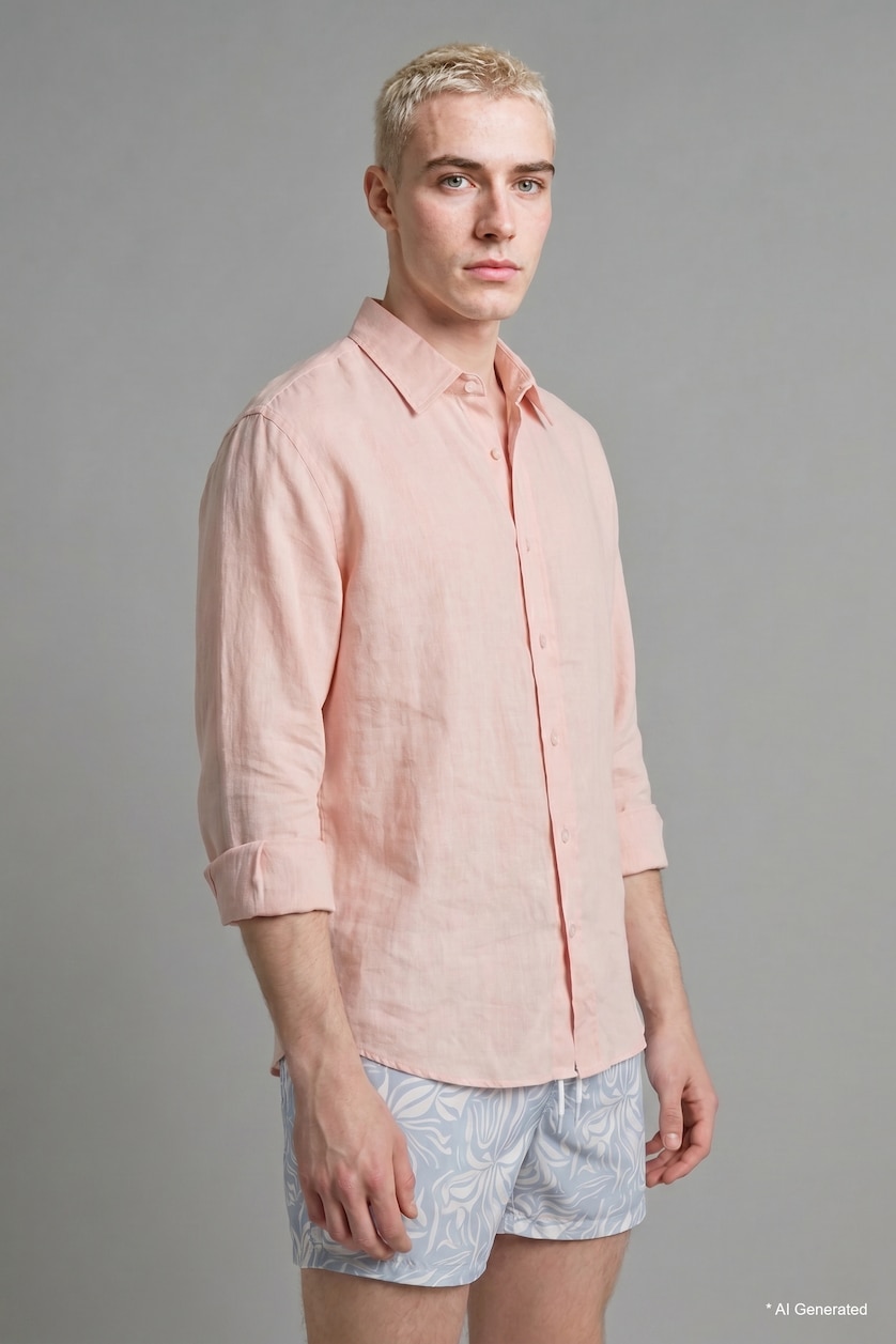 رجالي برتقالي فاتح Relax Fit Linen Blended Long Sleeve Shirt