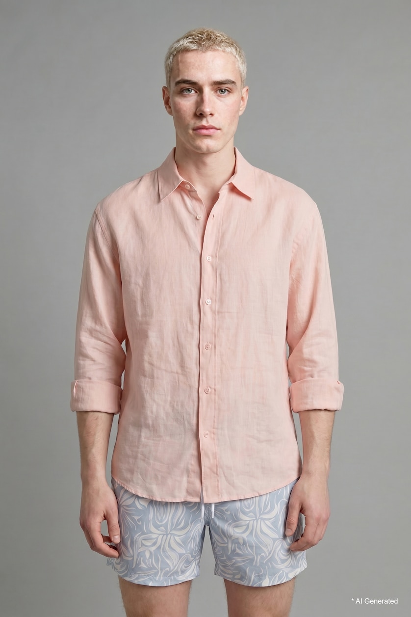 رجالي برتقالي فاتح Relax Fit Linen Blended Long Sleeve Shirt