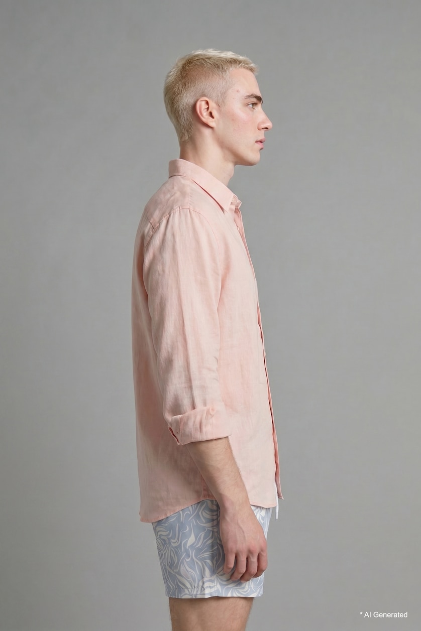 رجالي برتقالي فاتح Relax Fit Linen Blended Long Sleeve Shirt
