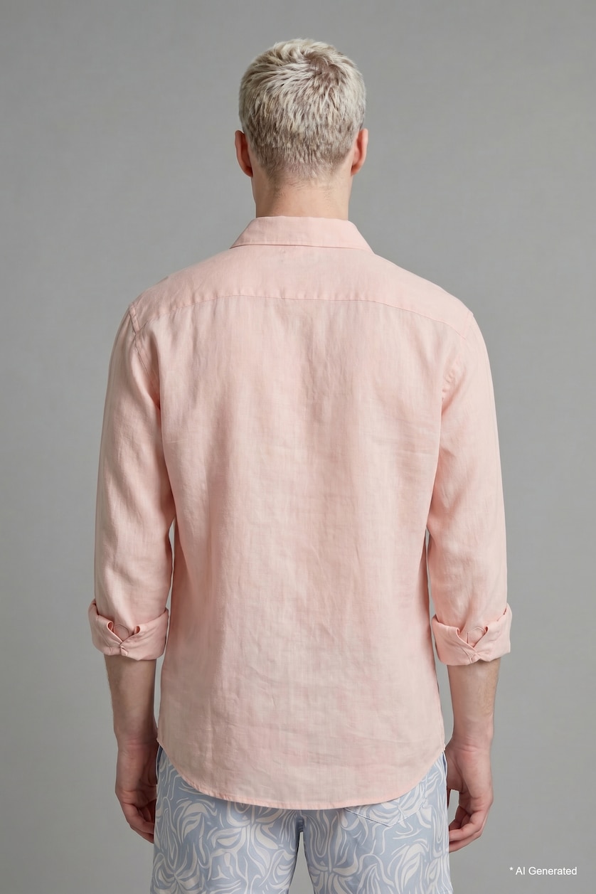رجالي برتقالي فاتح Relax Fit Linen Blended Long Sleeve Shirt