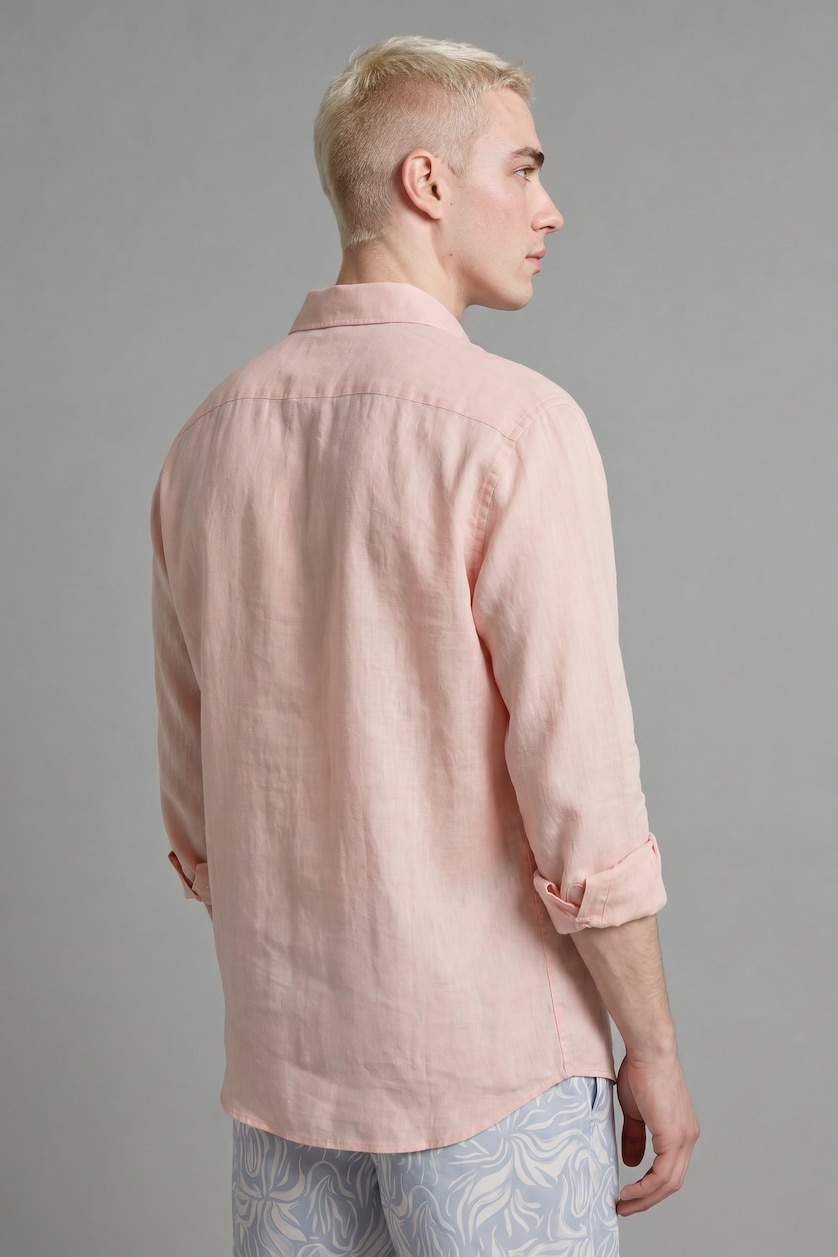 رجالي برتقالي فاتح Relax Fit Linen Blended Long Sleeve Shirt