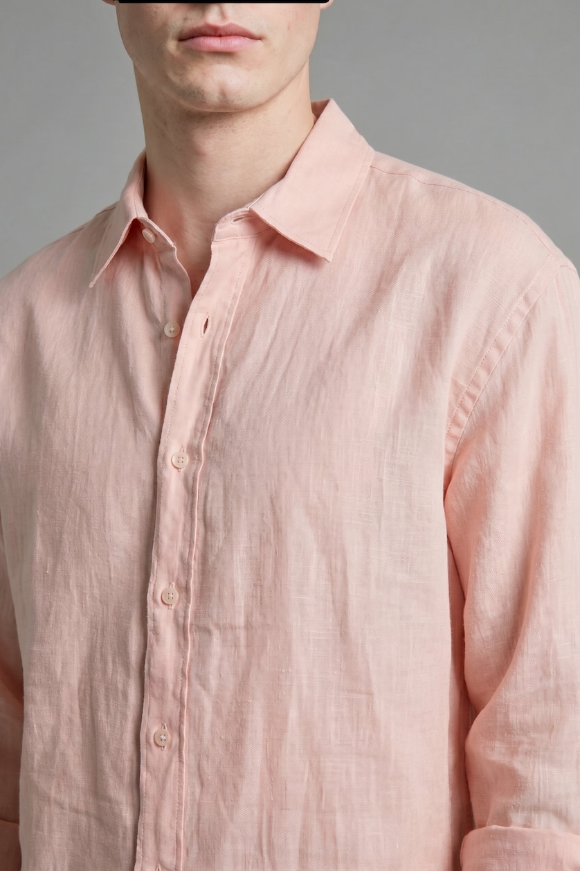 رجالي برتقالي فاتح Relax Fit Linen Blended Long Sleeve Shirt