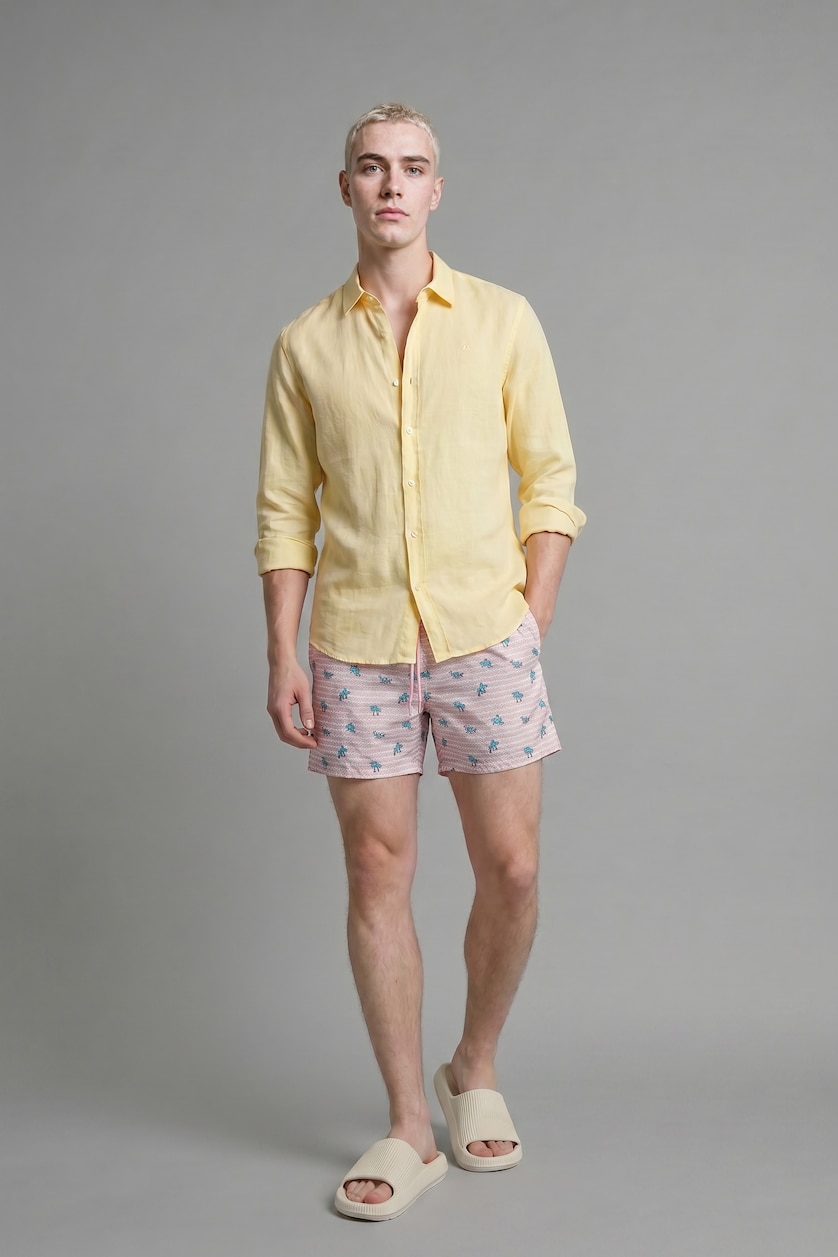 Men Light Yellow Relax Fit Linen Blended Long Sleeve Shirt