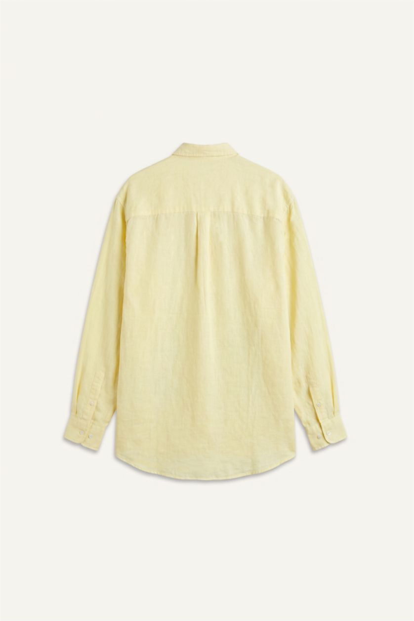 Men Light Yellow Relax Fit Linen Blended Long Sleeve Shirt