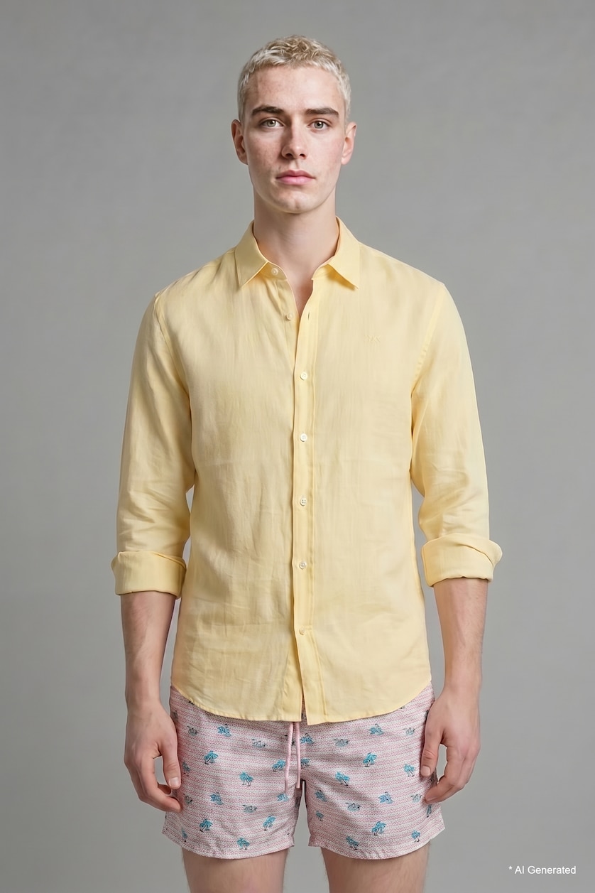 Men Light Yellow Relax Fit Linen Blended Long Sleeve Shirt