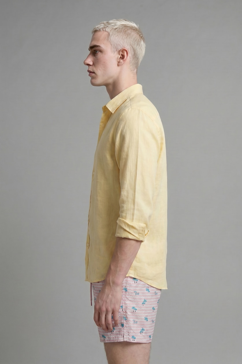 Men Light Yellow Relax Fit Linen Blended Long Sleeve Shirt