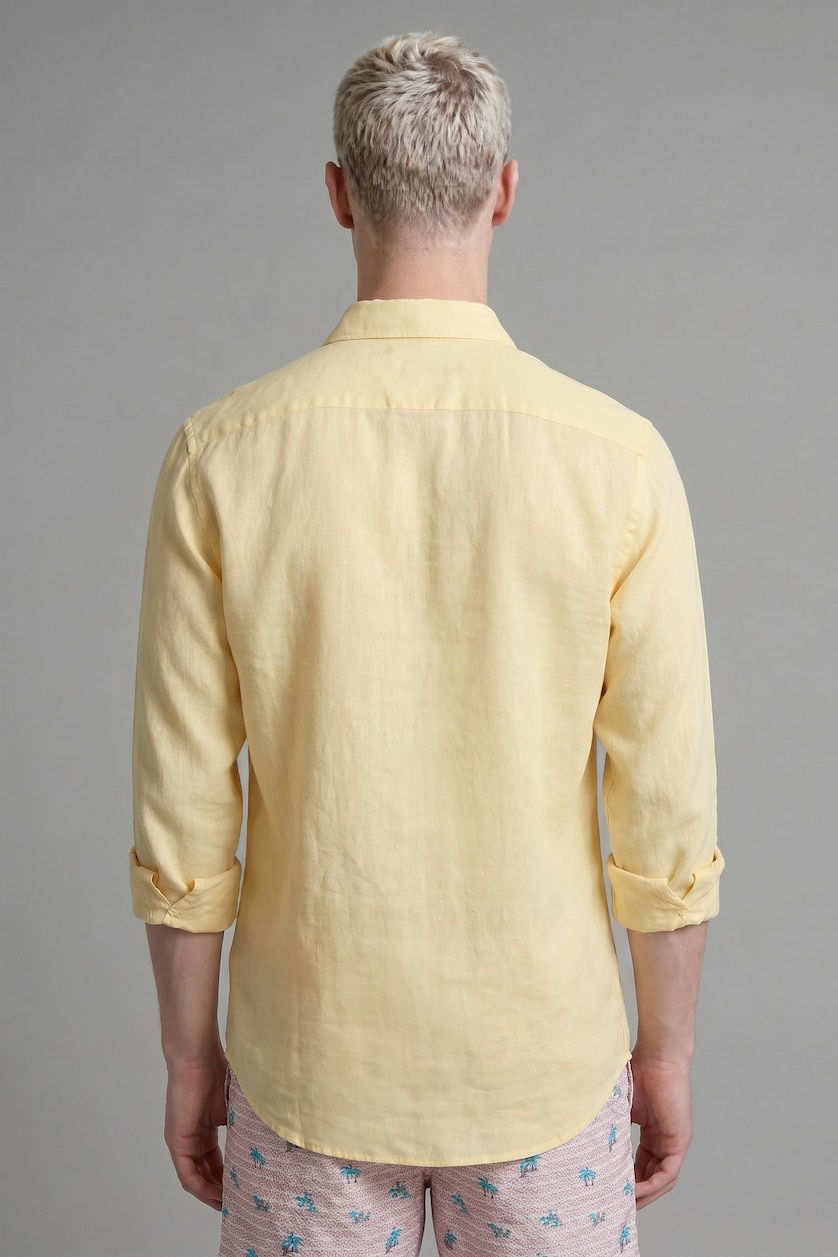 Men Light Yellow Relax Fit Linen Blended Long Sleeve Shirt