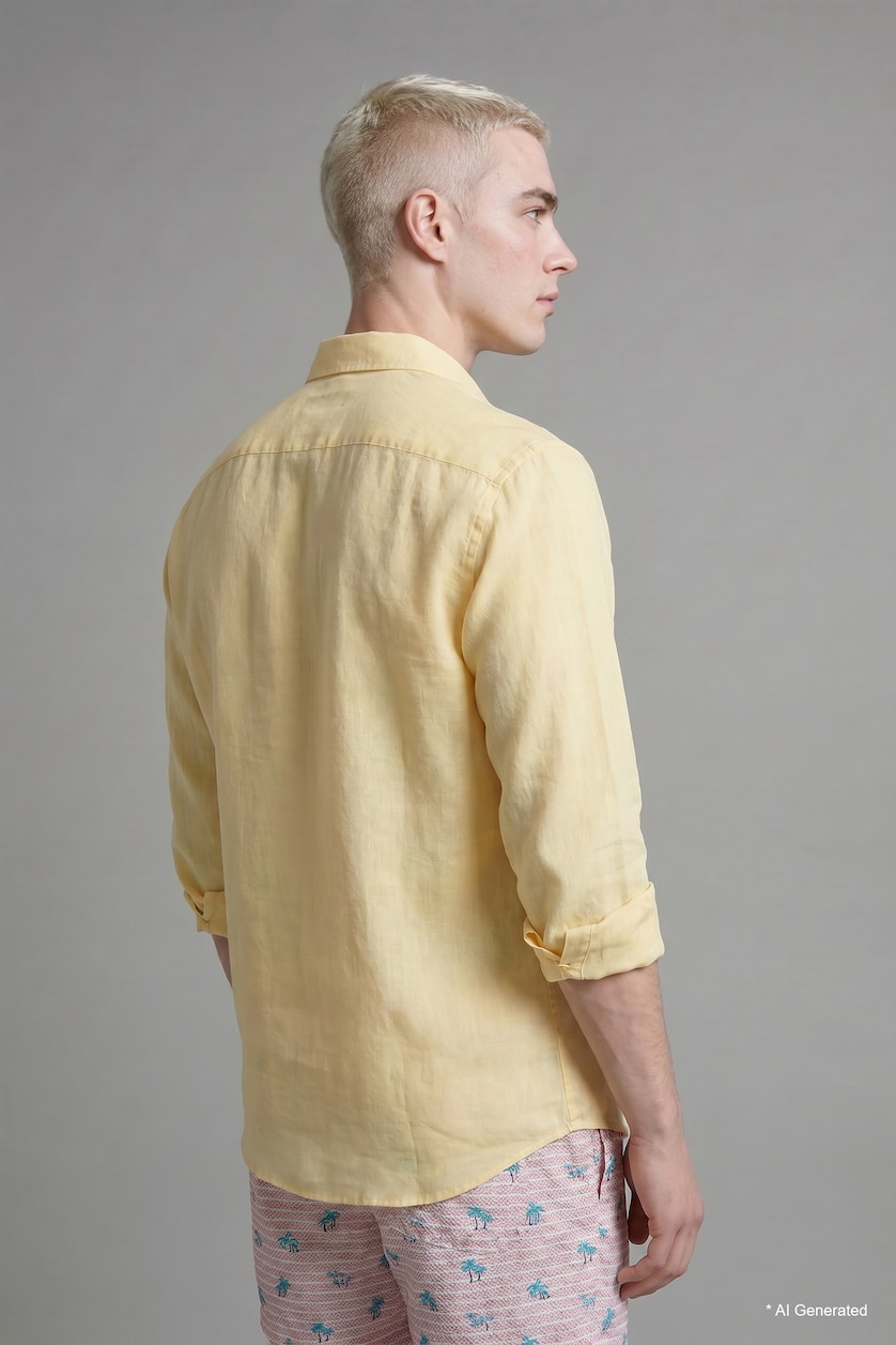 Men Light Yellow Relax Fit Linen Blended Long Sleeve Shirt