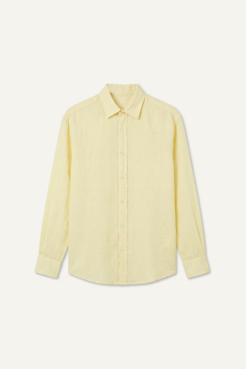Men Light Yellow Relax Fit Linen Blended Long Sleeve Shirt