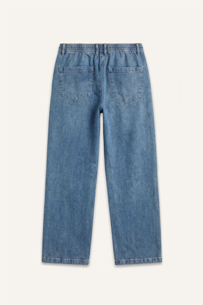 Erkek Mavi Yüksek Bel Wide Leg Pantolon