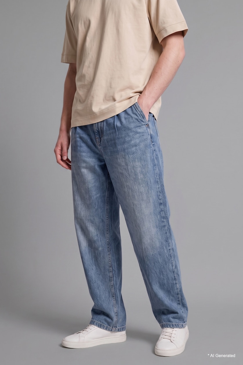 Erkek Mavi %100 Pamuk Yüksek Bel Wide Leg Pantolon