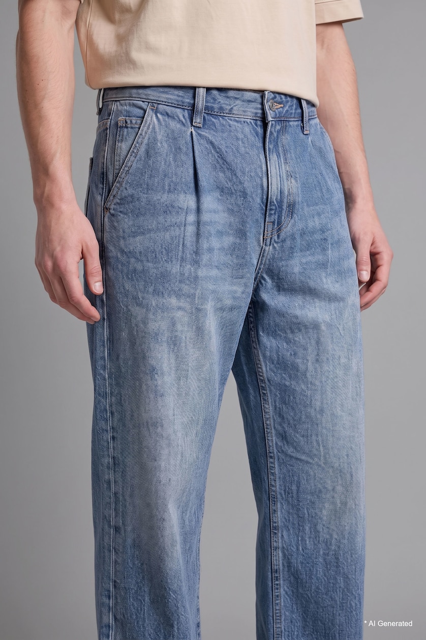 Erkek Mavi %100 Pamuk Yüksek Bel Wide Leg Pantolon