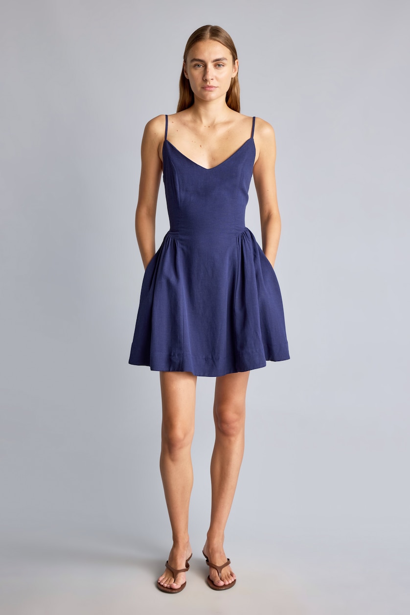 WOMAN NAVY V-Neck Linen Blend Strappy Mini Dress