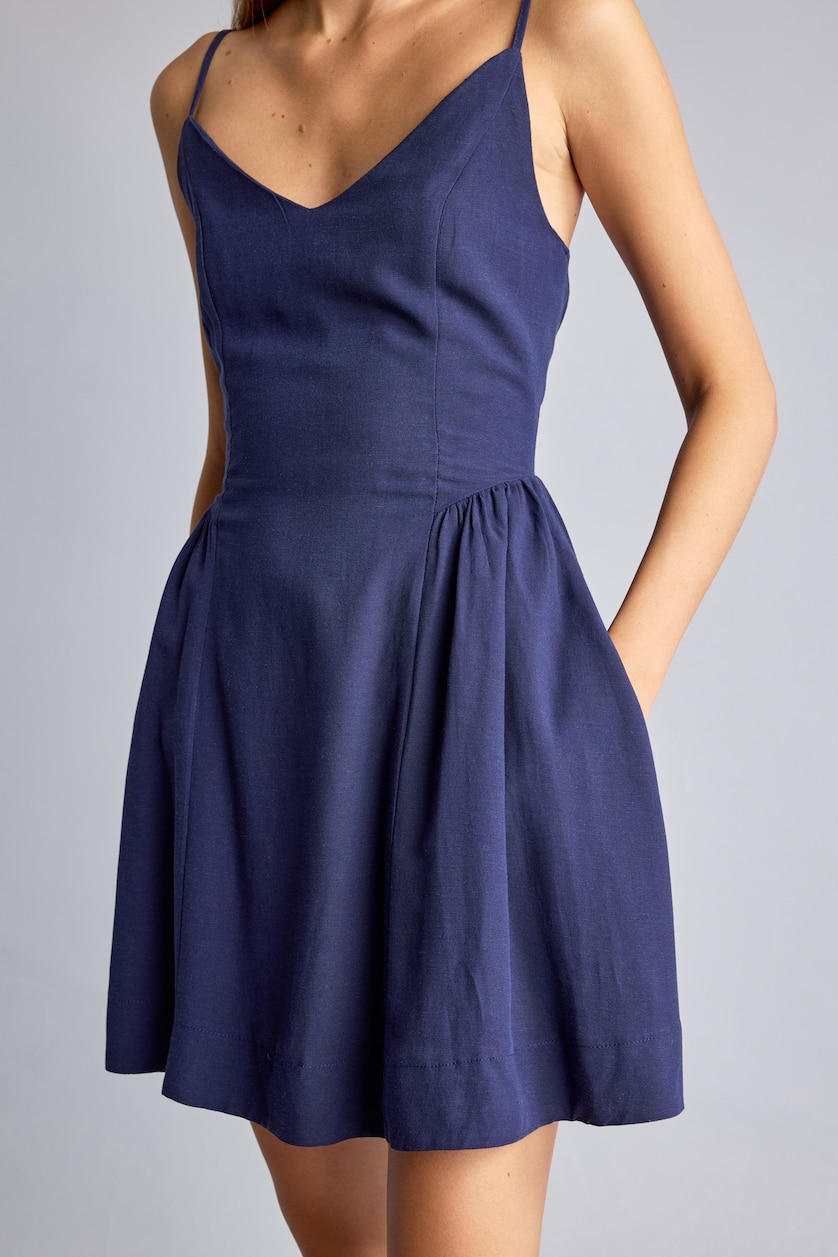 WOMAN NAVY V-Neck Linen Blend Strappy Mini Dress