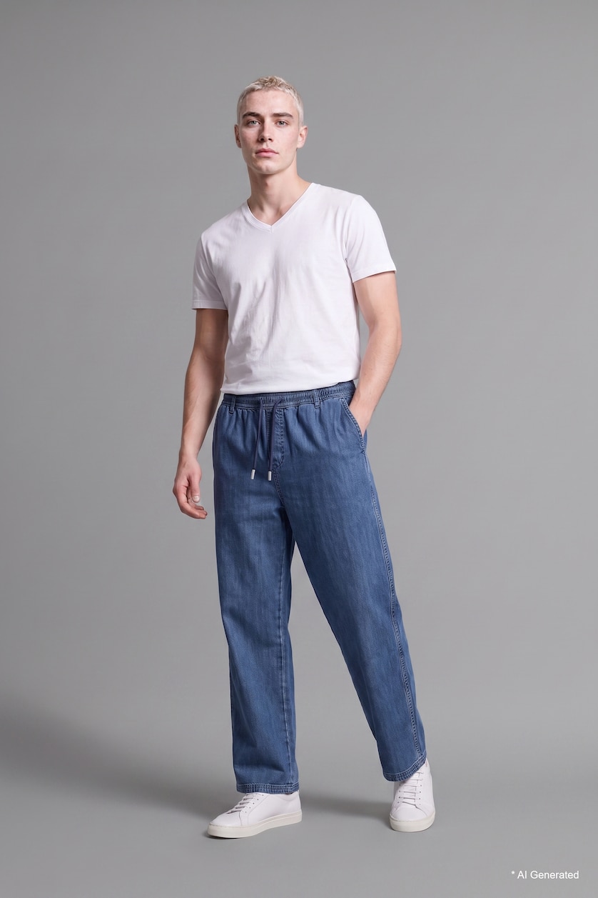 Men Dark Blue Wide Leg Trousers