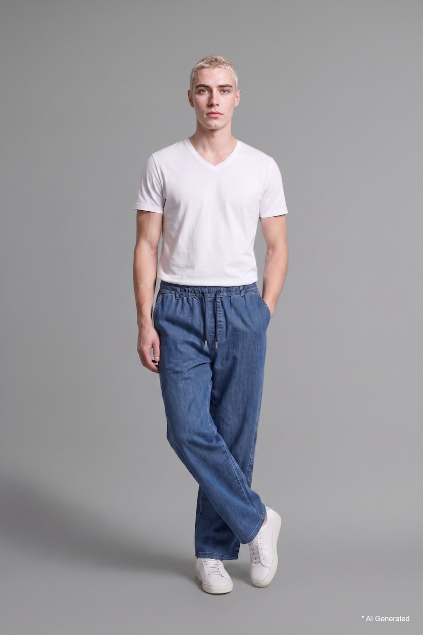 Men Dark Blue Wide Leg Trousers