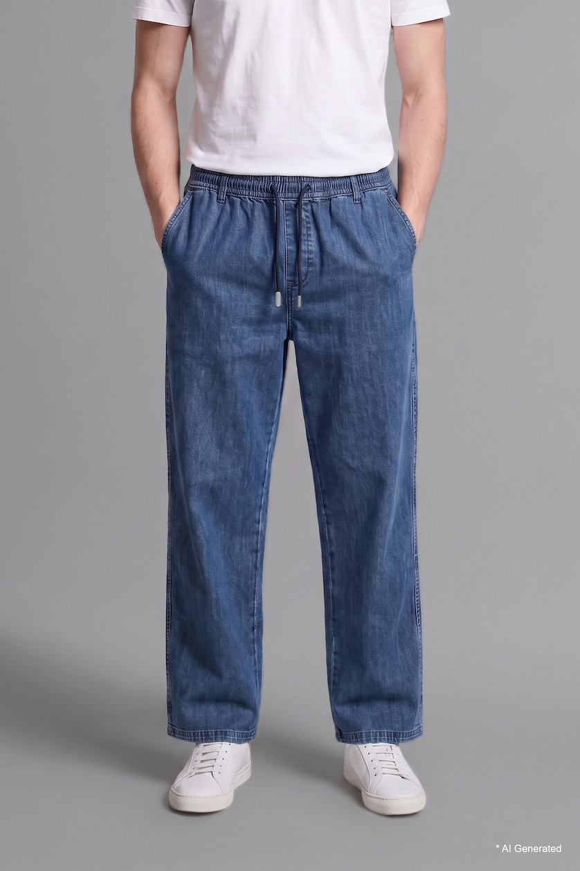 Men Dark Blue Wide Leg Trousers