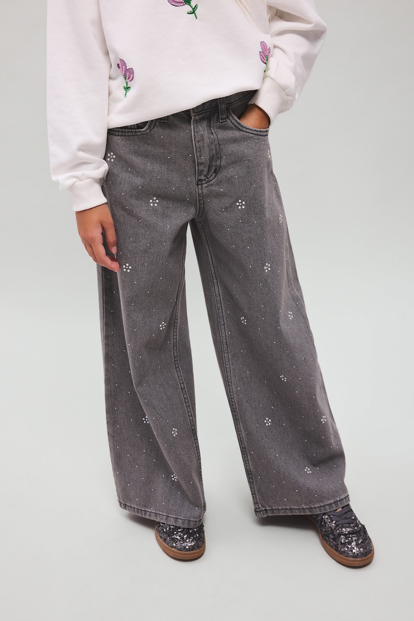 Young Girls - Teen Girls Light Grey Girl 90s Wide Leg Printed Trousers