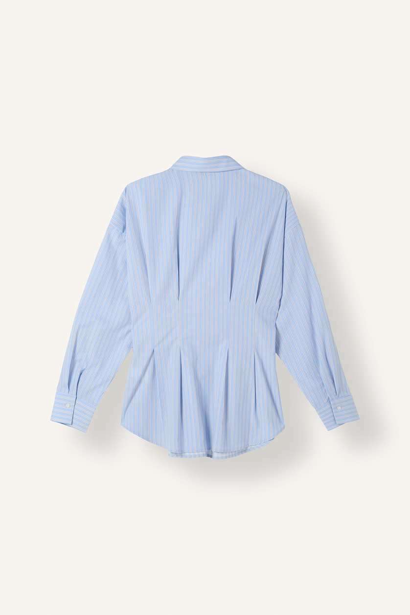 Kadın Mavi Fitted Bel Detaylı Çizgili Poplin Gömlek