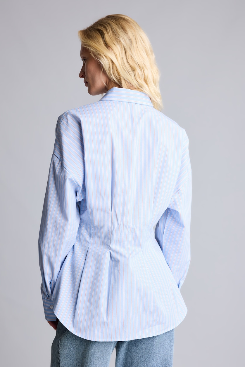 Kadın Mavi %100 Pamuk Fitted Bel Detaylı Çizgili Poplin Gömlek