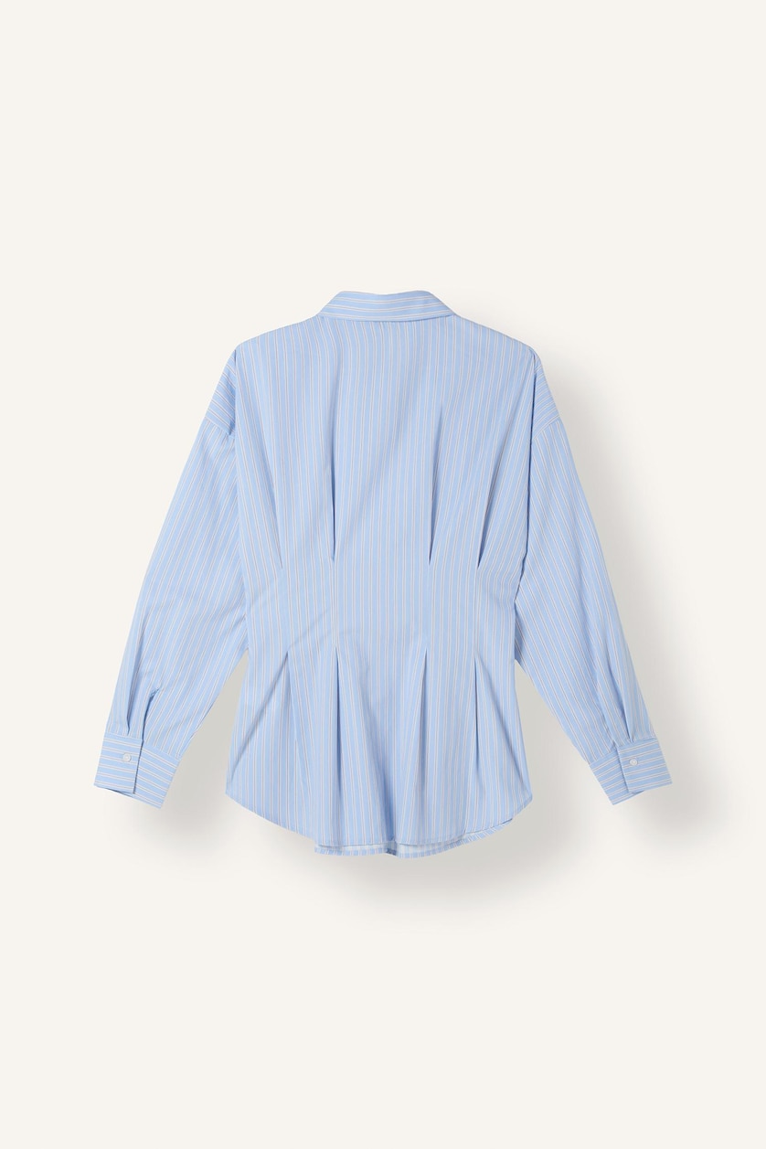 Kadın Mavi %100 Pamuk Fitted Bel Detaylı Çizgili Poplin Gömlek