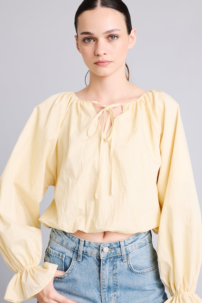 Kadın Kum Crop Poplin Basic Bluz