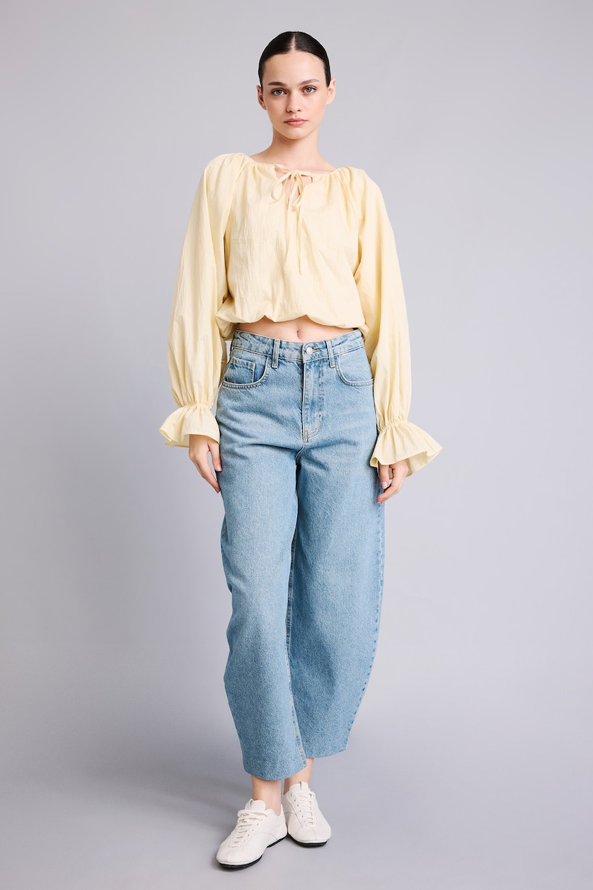 Kadın Kum Crop Poplin Basic Bluz